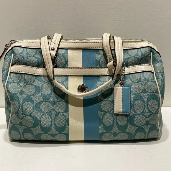 Coach | Bags | Coach F4478 Heritage Stripemonogram Teal Blue Ivory
